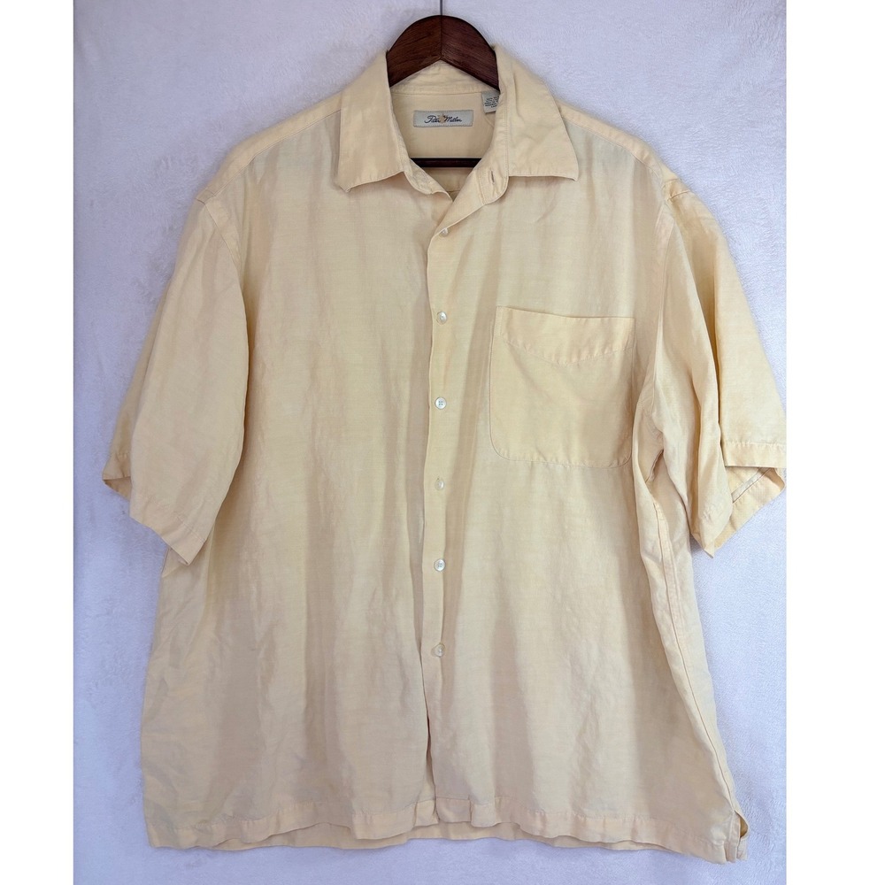 PETER MILLAR SILK LINEN SHIRT Mens Short Sleeve Button Down Yellow Vintage Large